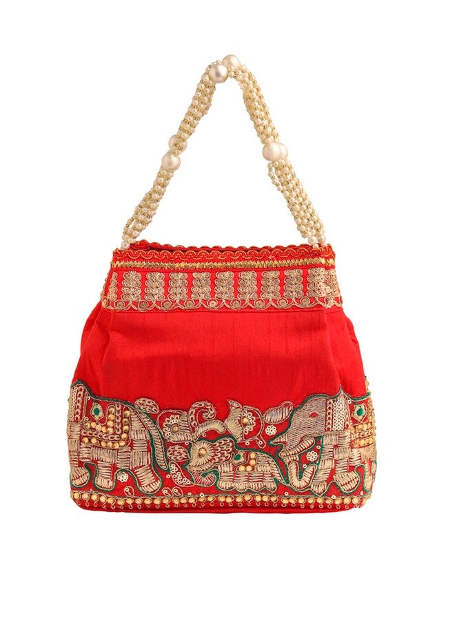 تشيميز أصفر حقائب بوتلي من يلو تشايمز للسيدات | حقائب بوتلي حمراء تقليدية للنساء | حقيبة بوتلي مطرزة يدوياً ومزينة باللؤلؤ | مثالية للحفلات وحفلات الزفاف والمناسبات التقليدية - Image 1